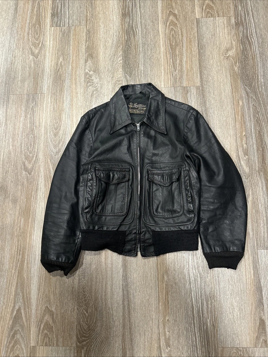 Bomber/Harrington Black Leather Vintage Outerwear Coats & Jackets