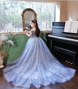Kids Girl Ball Gown Long dress Tailed Star Princess Show Wedding Frock 72541 - Picture 1 of 9