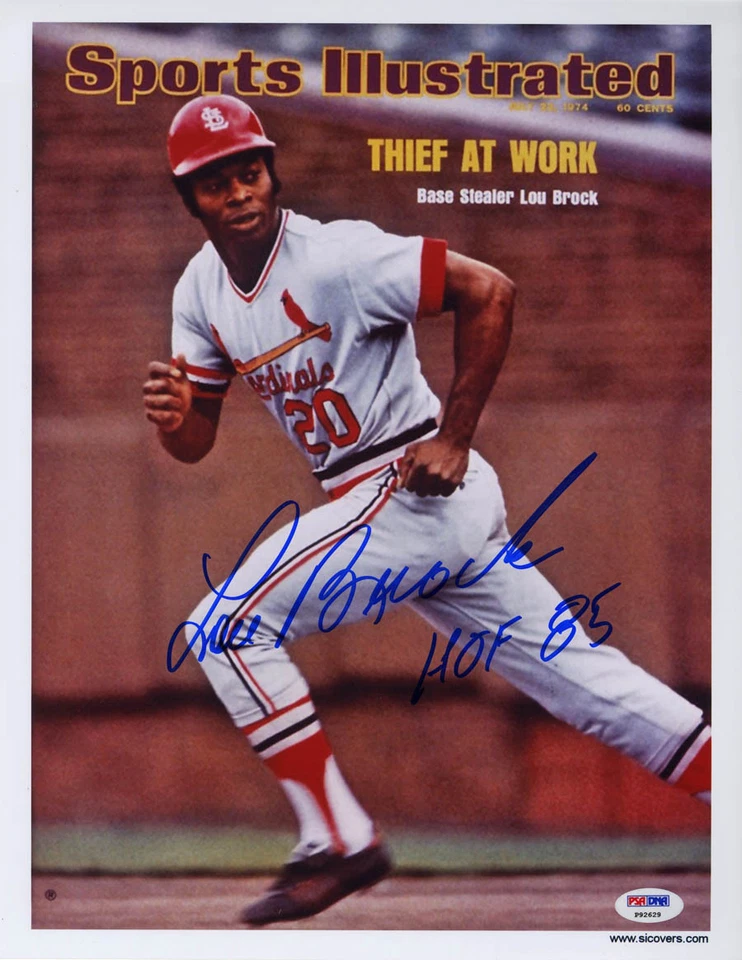 Lou Brock SIGNED 11x14 Sports Illustrated Print + HOF Cardinals PSA AUTOGRAPHED - Image 1 of 1