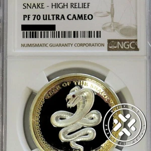 2013 NGC PF 70 ULTRA CAMEO PALAU 1OZ 999 SILVER SNAKE $5 GILDED HIGH RELIEF COIN - Picture 1 of 8
