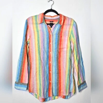 Camisa GAP Arco Iris Lino Colorido Rayas Abotonada Para Mujer Pequeña Orgullo Preppy Foto 1 de 4