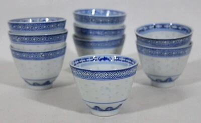 RARE! VINTAGE CLASSIC BLUE RICE PATTERN LING LONG PORCELAIN SET OF 9 TEACUPS NEW - Image 1 of 4