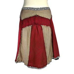 Lux Skirt Womens 7 Red Tan Patchwork Panel Apron Y2K Knee Length Mixed Fabric - Picture 1 of 7
