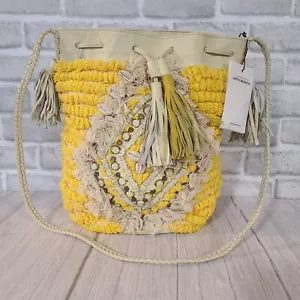 Antik Batik Jesa gelb Shell Bucket Bag Leder Baumwolle Boho Beachy NEU * - Bild 1 von 10