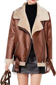 Women Faux Leather Jacket Fur Lined Winter Coat Warm Zip Up Notched Collar Moto - Picture 1 of 50