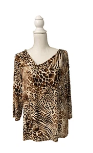 Chico’s Travelers Brown Black Cream Animal Print 3/4 Sleeve Tunic Top Size 2P - Picture 1 of 6