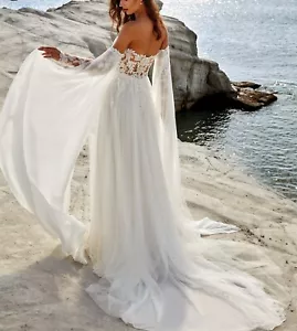 Chiffon Ivory Strand Brautkleid Schulterfrei Spitze Corsage abnehmenbare Ärmel - Bild 1 von 6
