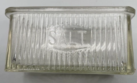 HOOSIER CABINET ORIGINAL SALT DIP DISH EMBOSSED 6.75"L x 3.75"W x 3.25" D RIBBED Cover