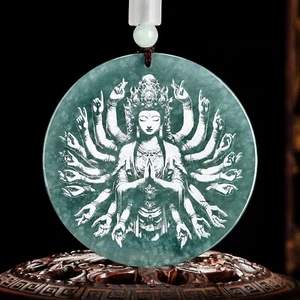 Grade A Jade Jadeite Lucky Carved Thousand-hand Guanyin Round Pendant - Picture 1 of 7