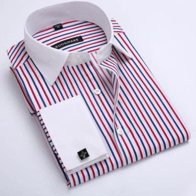 Nuevas camisas de vestir para hombre puño francés formales con botones a rayas camisas de negocios top Foto 1 de 4