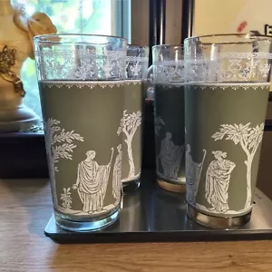 4 MCM tall Glasses (6.5in) Green Hellenia Jeanette glass used Very Good - Picture 1 of 4