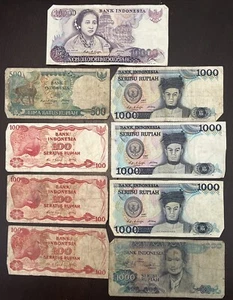 INDONESIA RUPIAH 9 BANKNOTE COLLECTION 1985 10000, 1987 1000, 1988 500, 1984 100 - Picture 1 of 2