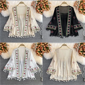 Women Ethnic Embroidery Blouse Kimono Coat Casual Tops Boho Floral Tassel Thin - Picture 1 of 15