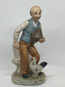 Vintage Flambro Ceramic Old Man with Rooster Chicken Figurine “Country Life”