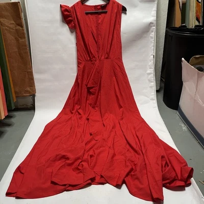 Chic Me Women’s Flowy Low V-neck Red Dress Middle Slit Size Large - Image 1 of 4