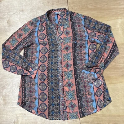 Kut From The Kloth Womens L Blouse Blue Pink Medallion Print Button Up Roll Tab - Image 1 of 4