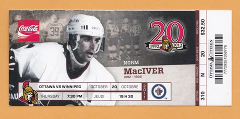 OTTAWA SENATORS VS WINNIPEG JETS FULL TICKET STUB NORM MACIVER 10/20/11 Cover