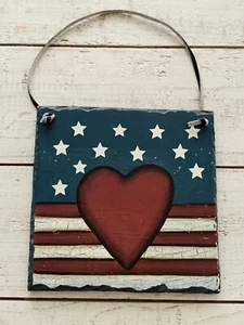 American Flag Vintage Rustic Art Hanging Sign Heart USA Patriotic Ships Fast! - Picture 1 of 4