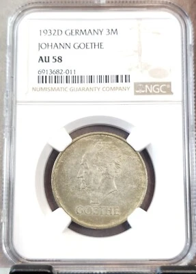 1932 D GERMANY SILVER 3 REICHSMARK JOHANN GOETHE NGC AU 58 SCARCE GREAT COIN - Image 1 of 3