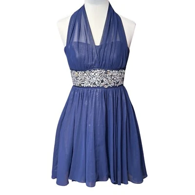 JODI KRISTOPHER Blue Rhinestone Halter Dress Juniors Size 3 Prom Cocktail Party - Image 1 of 4