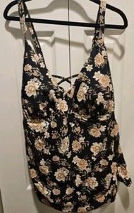 3X Aqua Couture Womens Black White Tan Floral Lined Stretch Pull On Swim Top - Picture 1 of 7