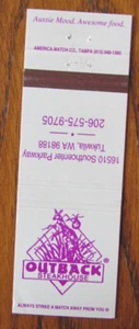 CUBIERTA OUTBACK STEAKHOUSE RESTAURANTE MATCHBOOK: TUKWILA WASHINGTON MATCHCOVER C18 - Imagen 1 de 1