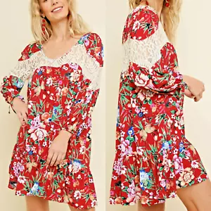 Abito Umgee Taglia S M L Bianco Rosso Rose Fata Floreale Pizzo Cottage Mumu Donna Nuovo - Foto 1 di 6