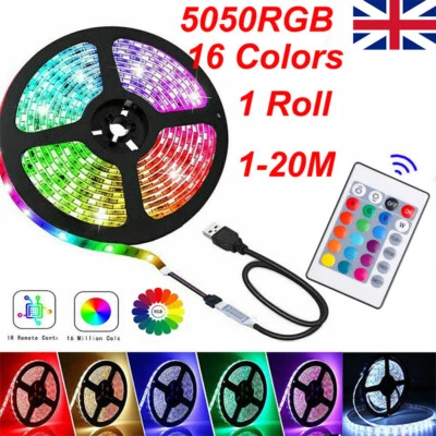 LED Strip Lights 1-20m RGB 5050 Colour Changing Tape Cabinet Kitchen TV Lighting - Image 1 of 4
