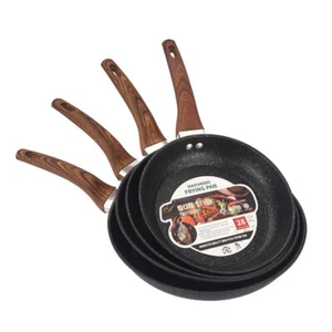 22-30cm Non Stick Frying Pan Marble Granite Coated Black with Wood Handle - Picture 1 of 14