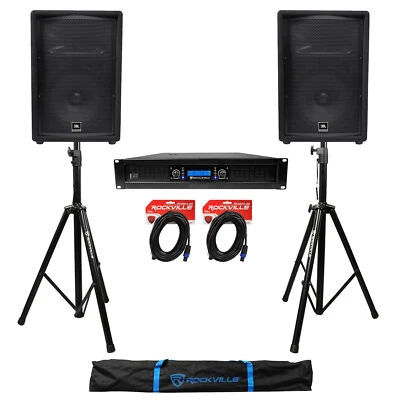 (2) JBL JRX212 12" 1000 Watt DJ PA Speakers+Power Amplifier+Stands+Cables - Image 1 of 4