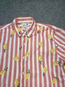 Bonobos Shirt Mens XL Slim Fit Lemon All Over Print Pink Stripe Short Sleeve - Picture 1 of 11