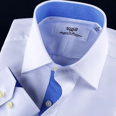 Белые официальные мужские деловые рубашки с синей внутренней подкладкой в стиле босса - Изображение 1 из 4