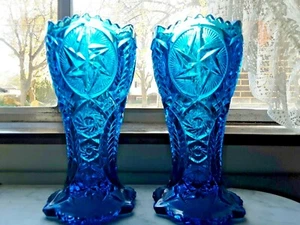 Antique Aqua Blue Pressed Glass Vases (Pair) - Picture 1 of 3