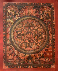 HAND-PAINTED BUDHHA LIFE MANDALA OIL VARNISHED TIBETAN THANGKA/THANKA PAINTING - Picture 1 of 10