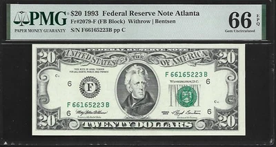 US $20 1993 PMG 66 EPQ UNC Fr #2079-F FRN Atlanta Withrow/Bentsen FB Block - Image 1 of 4