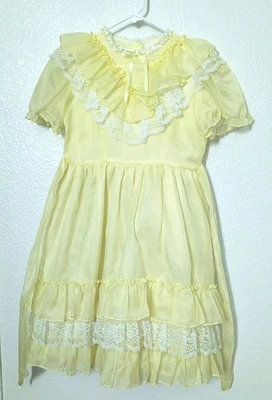 Vintage Yellow Girls Prairie Dress Ruffles Lace - Image 1 of 4