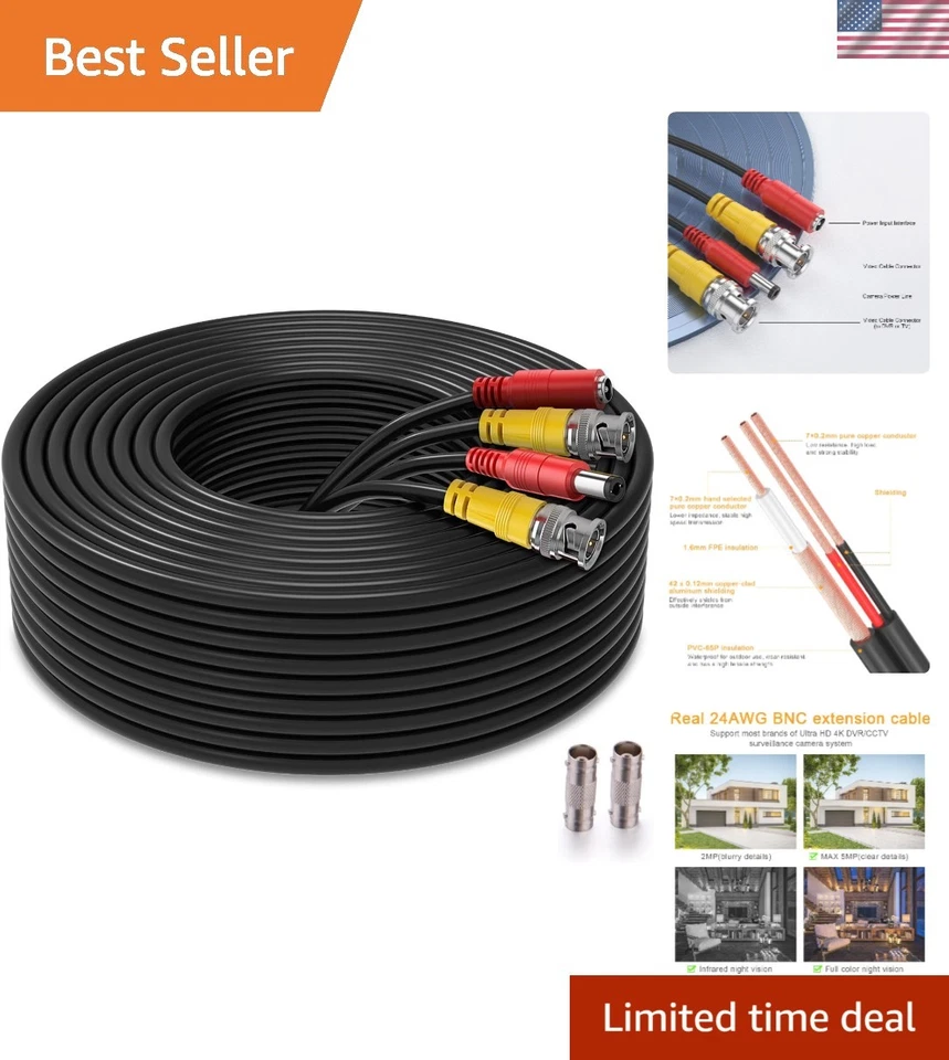 200 ft Power Video Security Camera Cable BNC Extension Wire Cord for All CCTV DVR