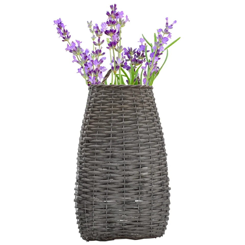 Wall Hanging Pocket Basket; Gray Woven Wicker Rustic Farmhouse Long 17" - Image 1 of 4