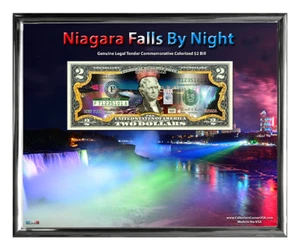 Cascate del Niagara di notte #2 banconota da 2 dollari colorata con cornice 8" x 10" - Foto 1 di 6