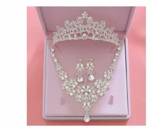 Bridal Crown Tiaras Necklace Earrings Rhinestone Diadem Veil Beads 3 Piece Set - Picture 1 of 2
