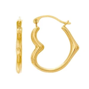10k Solid Yellow Gold Heart Hoop Earrings - Picture 1 of 1