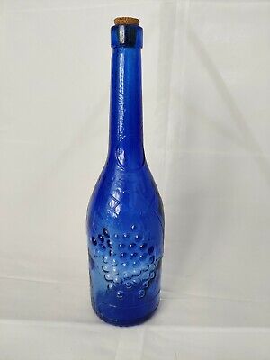 Unmarked Cobalt Blue Decorative Glass Wine Bottle & Cork | Grape Vine Design | 30cm Tall>