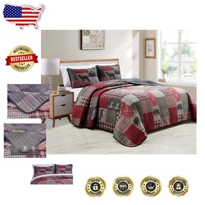 Elegant King/California King Reversible Patchwork Bedspread in Grey and Charcoal - Picture 1 of 7