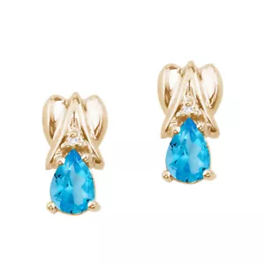 14k Yellow Gold Blue Topaz and Diamond Pear Shaped Earrings - Picture 1 of 2