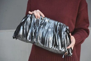 Handmade silver genuine leather fringed framed clutch cloud bag with tassels - Picture 1 of 7
