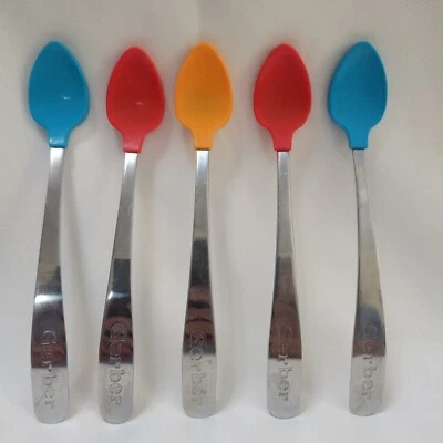 Juego de 5 cucharas infantiles Gerber vintage - puntas de goma, acero inoxidable, bebé años 80 Foto 1 de 4