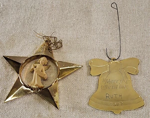 Vintage 1980 Christmas Tree Ornaments Gold Metal & Plastic Star Angel Bell 70s - Picture 1 of 8
