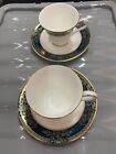 2 X Royal Doulton Carlyle Porcelain Cups And Saucers Teal Gold Pattern H5018