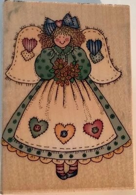 Sello de goma parche corazón ángel montaje en madera por Hero Arts G1225 usado de colección Foto 1 de 4