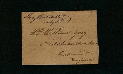"Stony Point Mills Va." 1850 1p ltr Thomas Crowder - Wm Gris, Shockoe Ware House Foto 1 de 2